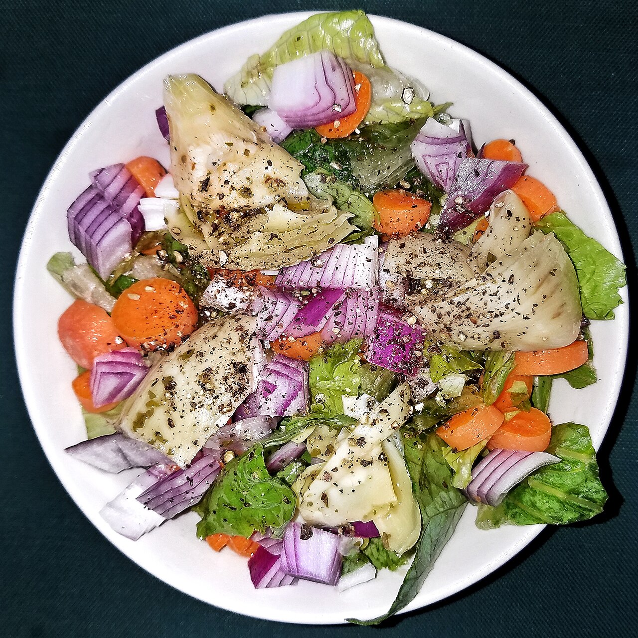 Salad with carrots, onion, marinated artichoke, olive oil, vinegar, and black pepper - Massachusetts
