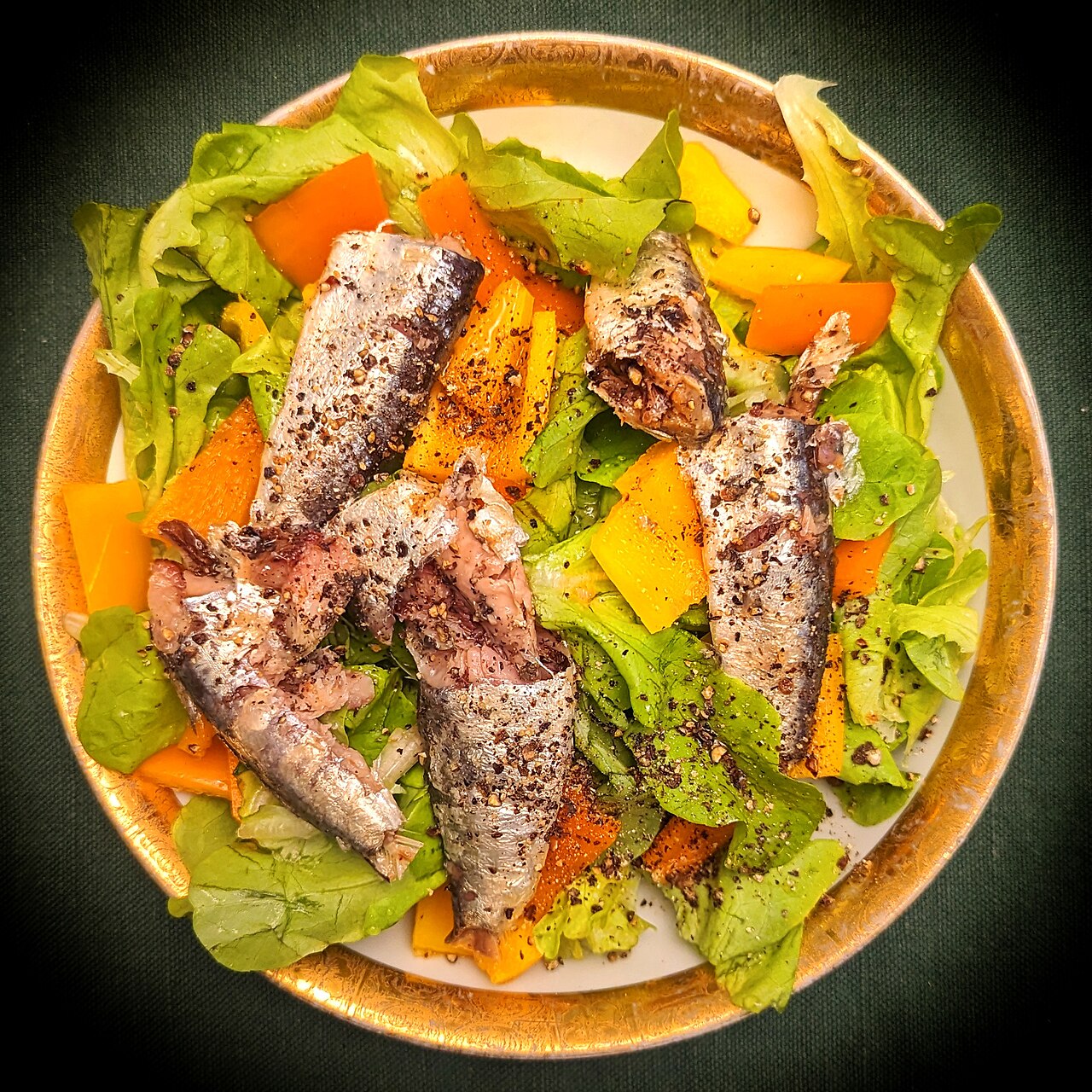 Salad with smoked sardines, bell peppers, olive oil, and black pepper - Massachusetts
