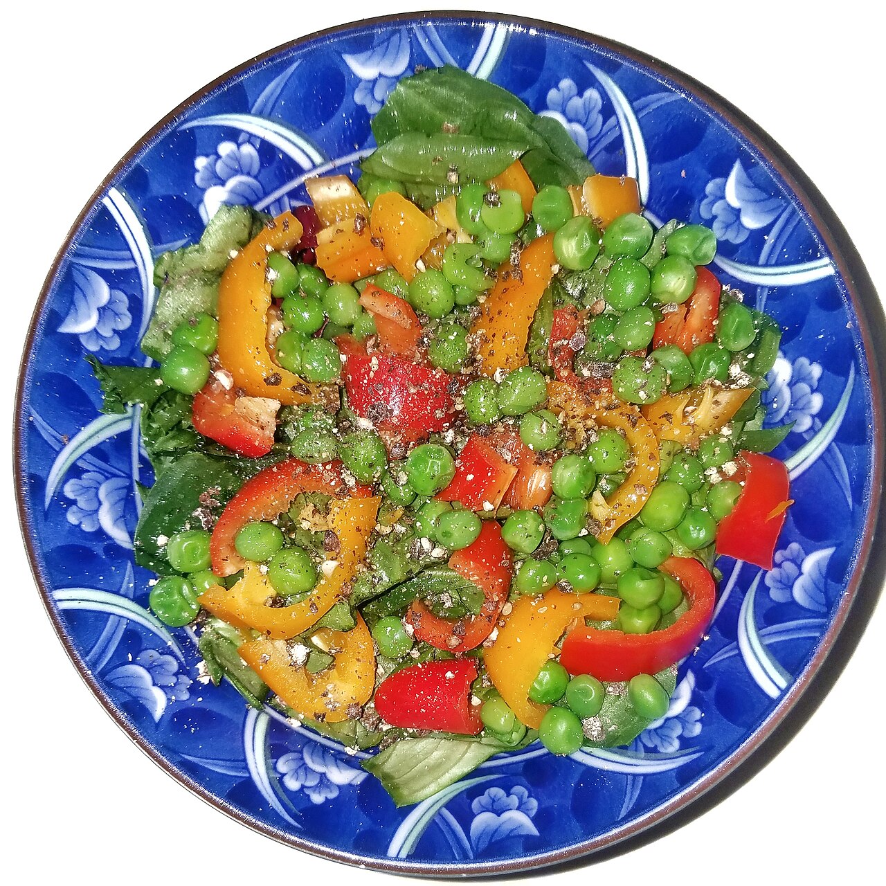 Salad of mixed greens, bell peppers, and peas with olive oil, vinegar, salt, and pepper - Massachusetts