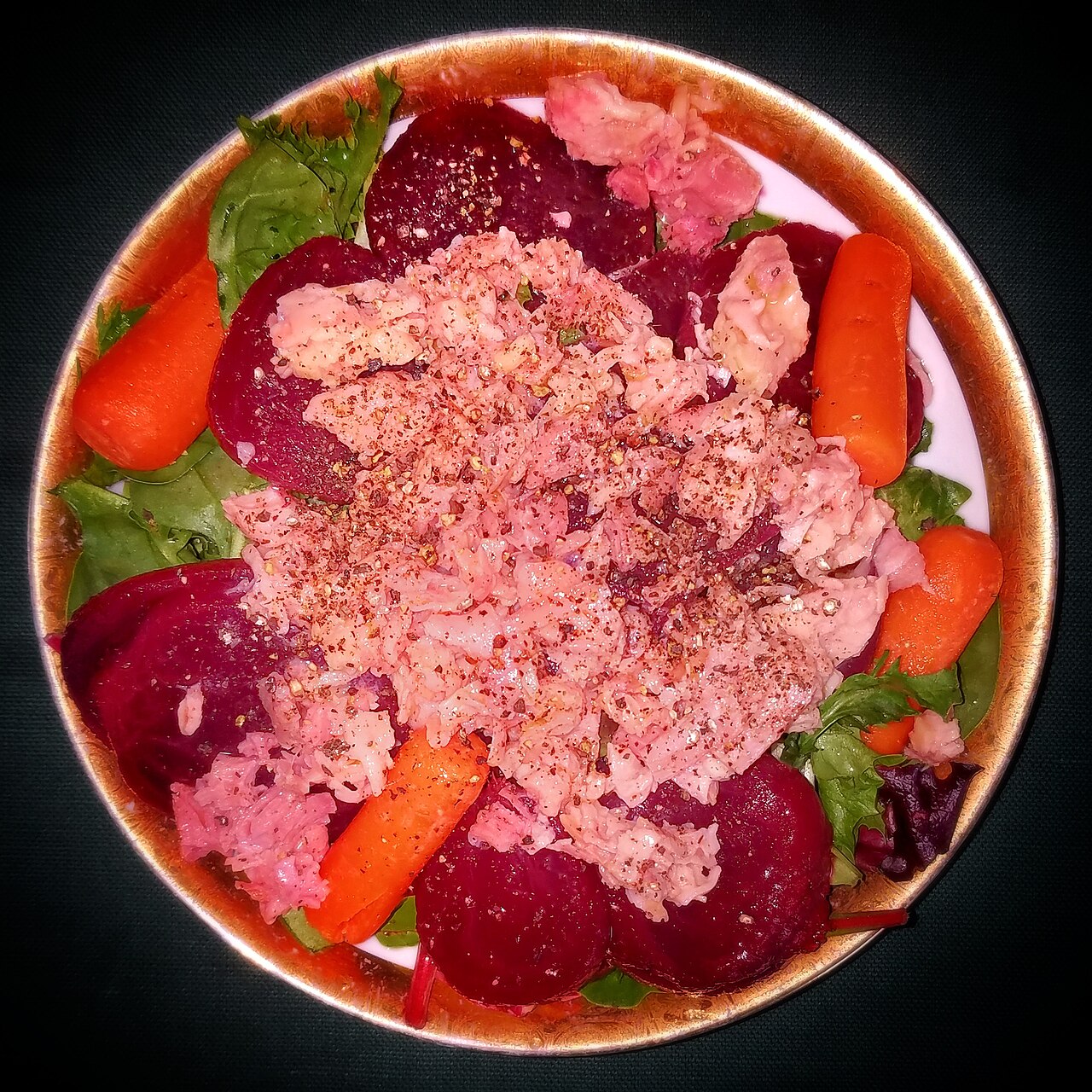 Salad of mixed greens, turkey, beets, and carrots, with olive oil and black pepper- Massachusetts